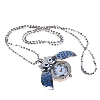 

YCYS-Mini Pocket Watch Quartz Owl Shape with Chain - Blue and silver