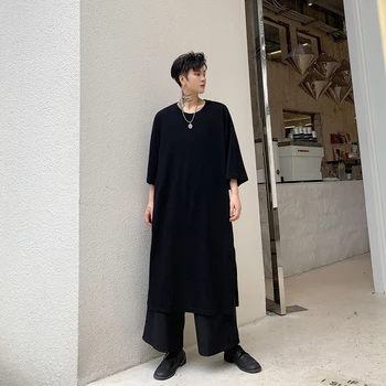 

Male Streetwear Hip Hop Punk Gothic Black White Tshirt Women Dress Tees Shirts Men Short Sleeve Side Slit Long Style T Shirt