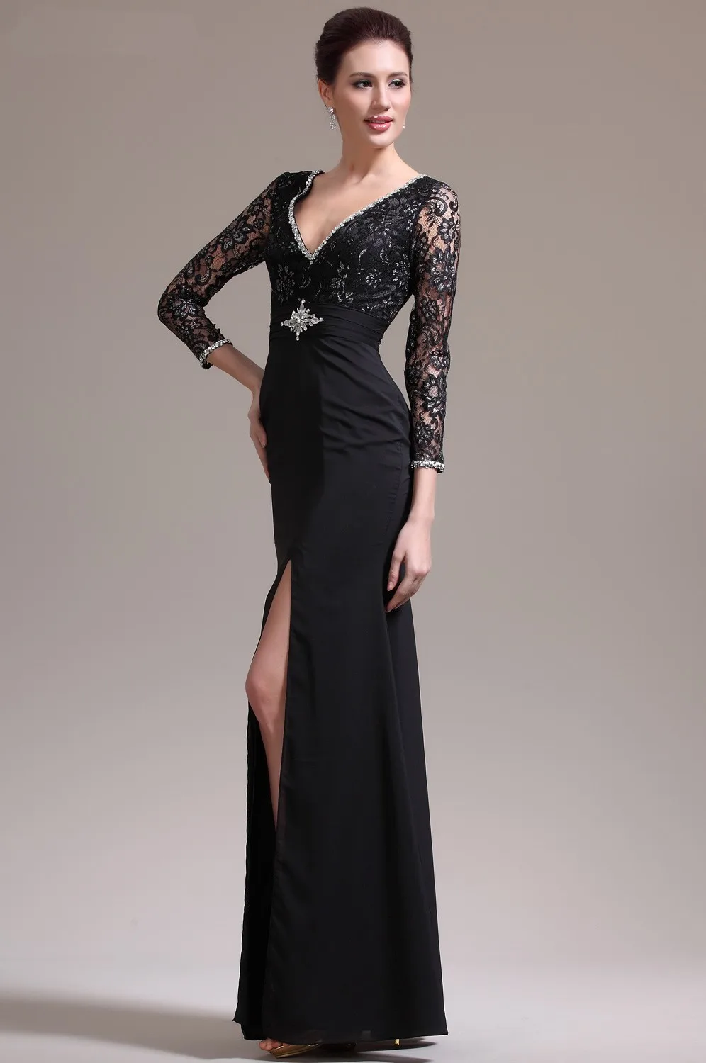 Freeshipping-New-Style-Gorgeous-V-Neckline-Black-Chiffon-Lace-Mother-of-the-Bride-Dress (2)
