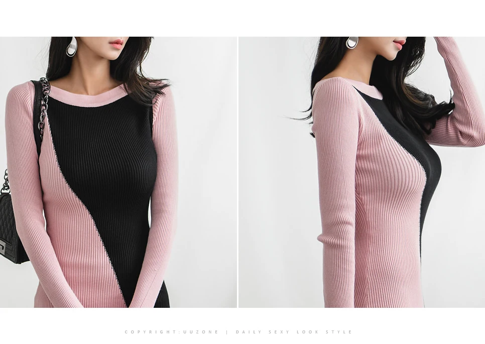 Осень, длинный рукав, розовый, черный, пэчворк, длиной до колена, Vestidos, женское трикотажное платье, облегающее сексуальное Повседневное платье-свитер