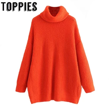 

Winter Women Orange Color Turtleneck Knit Sweater Batwing Sleeves Oversize Knit Pullovers