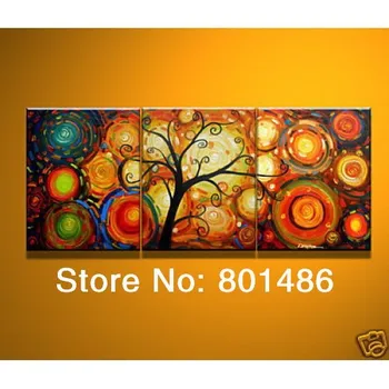 

Hand painted abstract Luck tree Red and Yellow Colorful oil painting wall art 3 panel pictures for living room Office decor