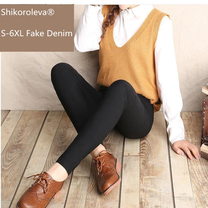 

Shikoroleva Women Leggings Pants 2019 Imitation Denim Snowflake Style Stretch Skinny Plus Size 6xl 5xl 4xl S Jeggings Black Blue