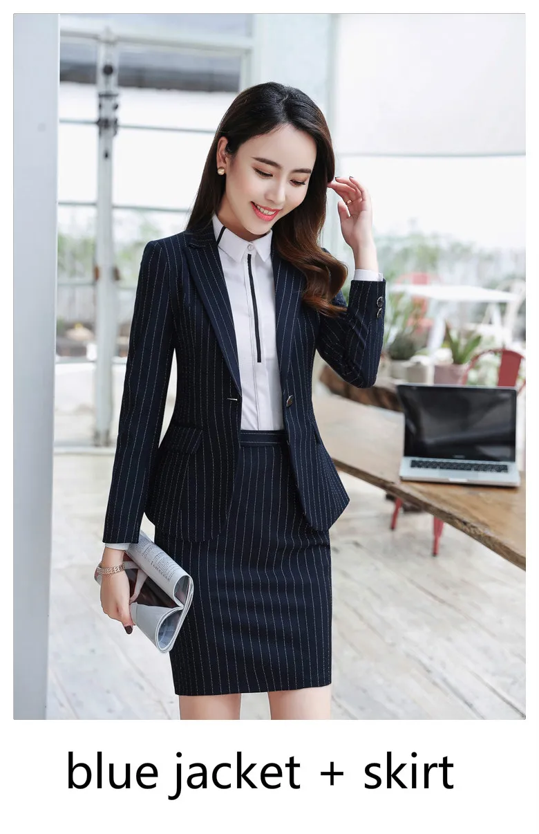 Blue Blazer Skirt Женский винтажный полосатый Блейзер, куртка с карманами и зубчатым воротником, костюм с длинным рукавом, женская верхняя одежда, модные женские топы Casaco для работы - Цвет: Blue Blazer Skirt