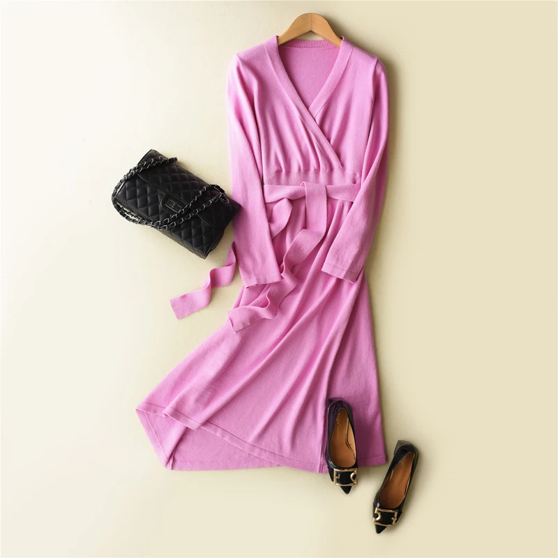 HZYRMY Spring and Autumn New Women's Cashmere Sweater Dress V-Neck Fashion Long Solid Color Dress Wool Knit Pullover Loose Skirt Sweaters