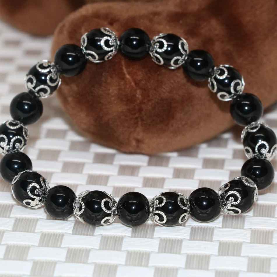 

High grade black round onyx agat stone beads 8mm bracelet women silver-color spacer accessories diy jewelry 7.5inch B2177