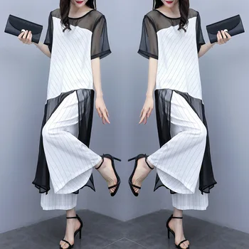 

Office Lady Pullover Year-old Female Costume O-neck Chiffon Ensemble Femme Survetement Mesh Patchwork Summer Costumes For Women
