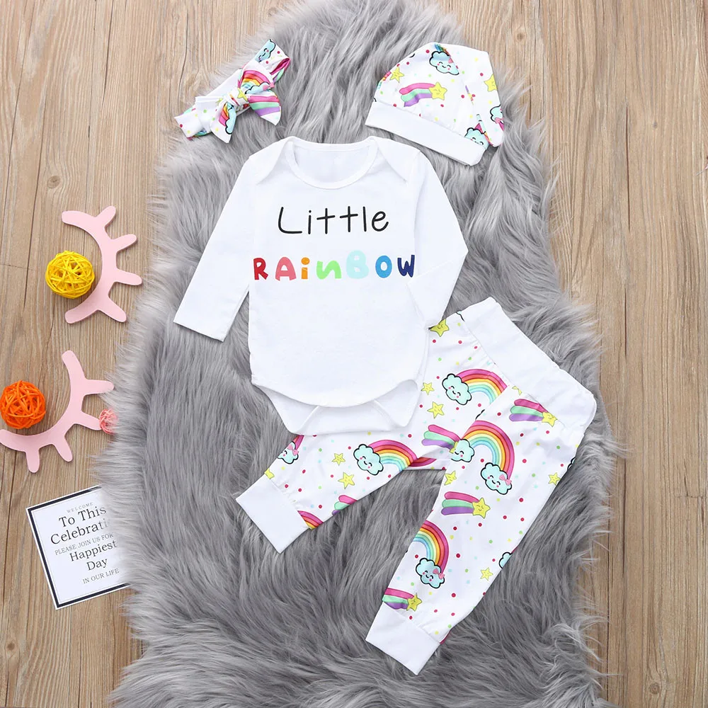 

2019 Fashion Baby Set Newborn Baby Girl Boy Letter Rainbow Romper Tops Bodysuit Pants Hat Clothes Set Baby Clothes Drop Shipping
