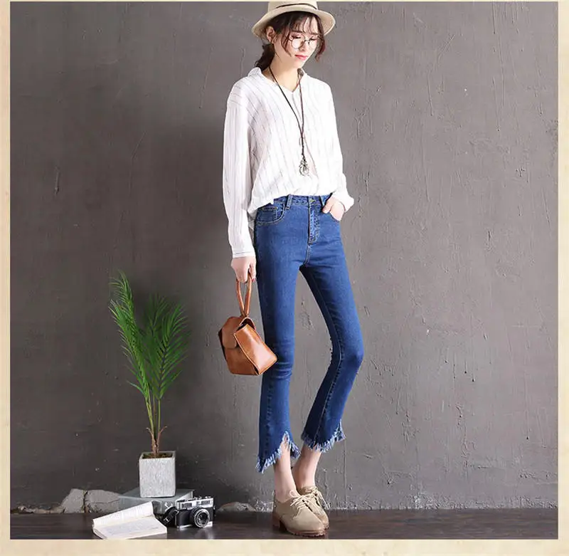 2018 Весна новое поступление Южная Корея нерегулярные джинсы для девочек джинсовые кисточкой Flared Ankle-Длина брюки Повседневное середины