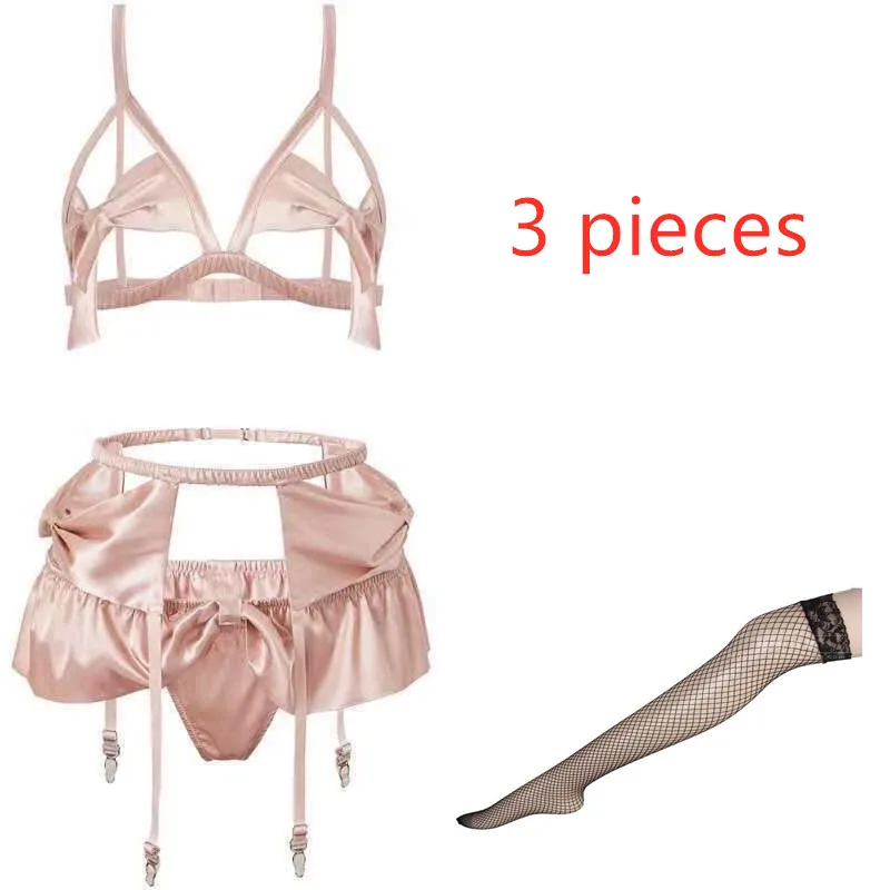 New Bow Underwear Sexy Pink 1/2 Cup Lace Babydoll Open Bra Set 3pc Bras& G-String& Net Socks& Sling Women Lingerie Nightwear - Цвет: Черный