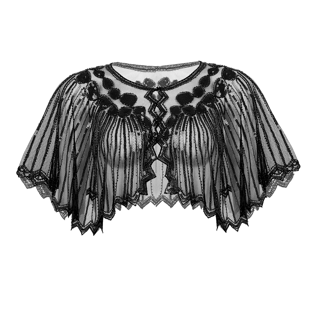 Women Scarves 1920s Flapper Embroidery Fringe Shawl Cover Up Gatsby Party Beaded Sequin Cape Vintage Mesh Scarf Wraps for Dress