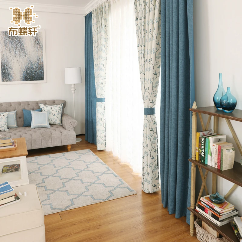 

Korean Pastoral Blue Linen-Like Panel High Quality Jacquard Leaves Curtain grommets Window Curtain Set for Living Room Kitchen