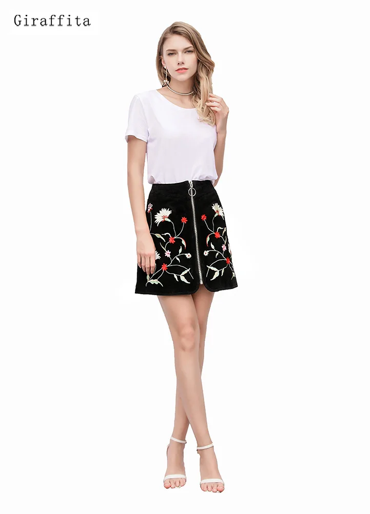 Flower Embroidery Skirt Women Cotton Floral High Waist Black Casual