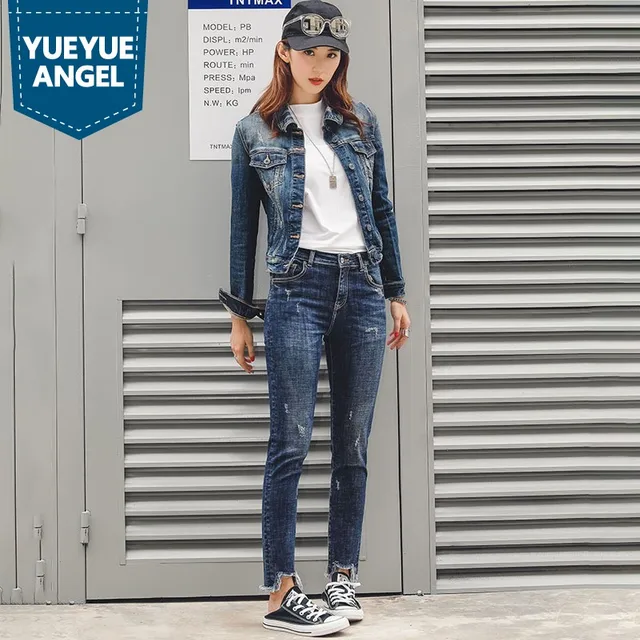 Streetwear Denim Suit Women Two Piece Set Fashion Slim Embroidery Rose