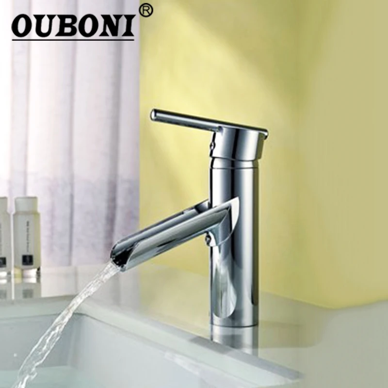 

OUBONI Polished Chrome Brass Waterfall Faucet Bathroom Lavatory Vessel Sink basin mixer tap Deck Mounted Mixer faucet