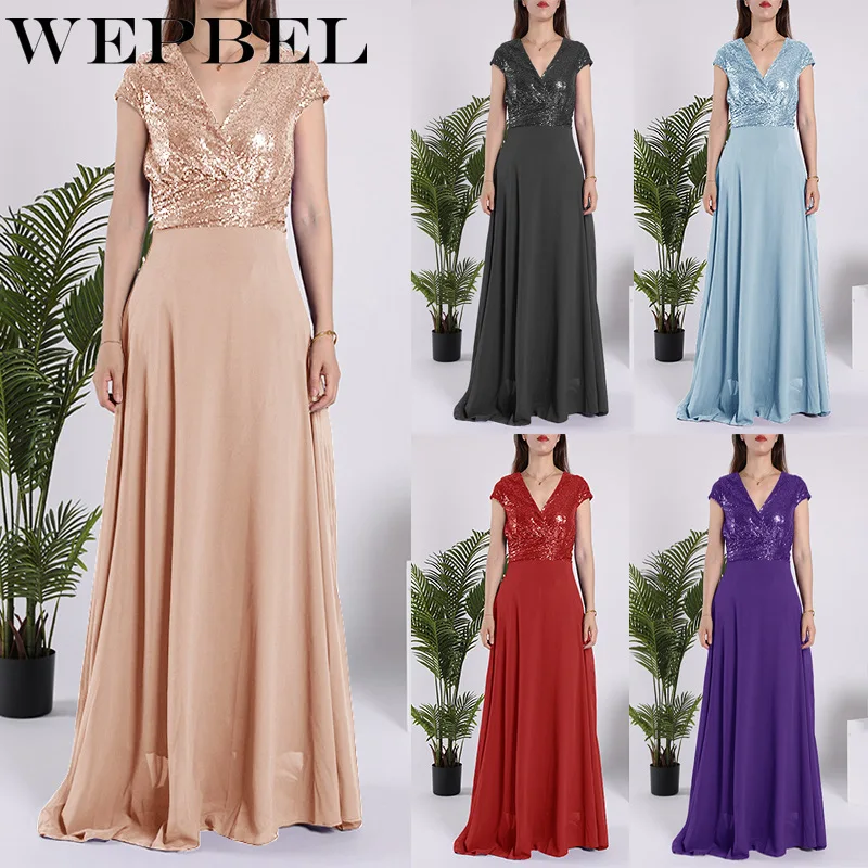 

WEPBEL Women Dress V Neck Sequined Fashion Summer Casual Fashion Short Sleeve Loose Plus Size Lady Long Maxi Dresses