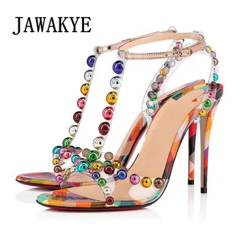 

JAWAKYE Rainbow Color Studed PVC Sandals Stiletto High Heel Open Toe T-strap Party Shoes Women