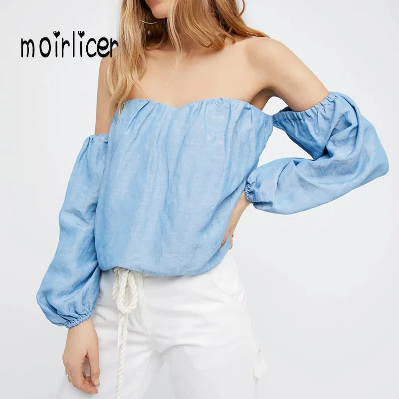 Moirlicer Women sweet off shoulder tencel shirts elastic slash neck long sleeve solid pleated blouses summer streetwear tops |