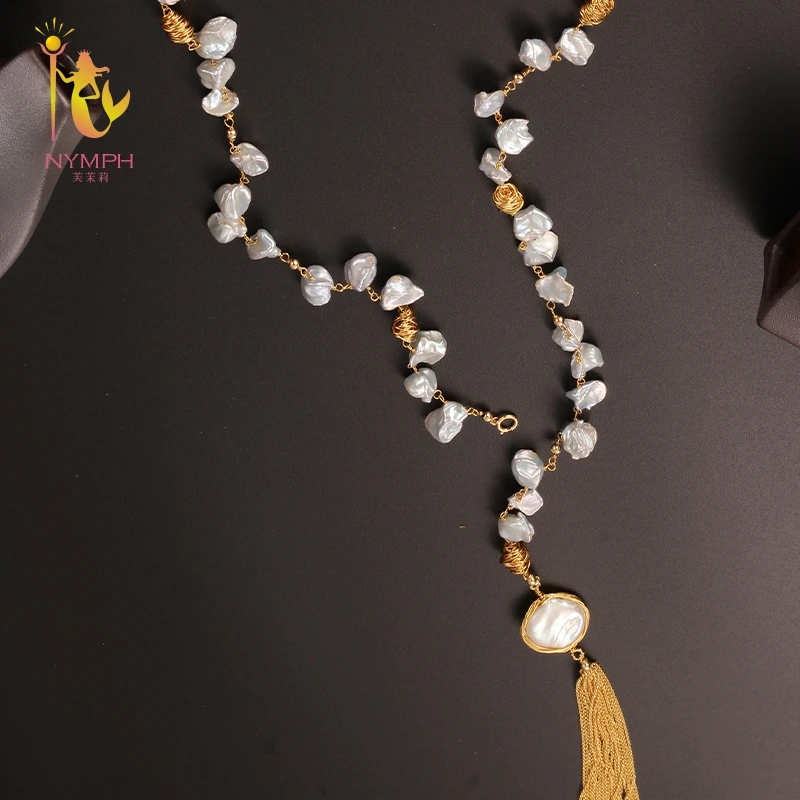 

[NYMPH] Pearl long Necklace For Women Fine Jewelry Freshwater Pearl Torques White Baroque New Fashion Birthday Gift X332