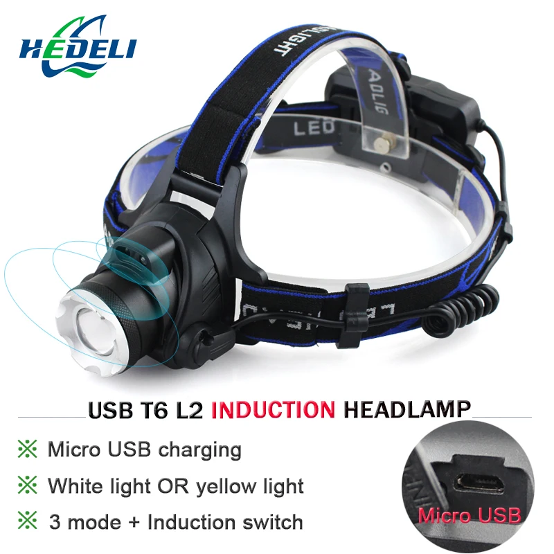 

IR Sensor led Headlamp Induction Head light Micro USB Rechargeable Lantern XM L2 XML T6 3800 Lumen Flashlight Head Torch18650