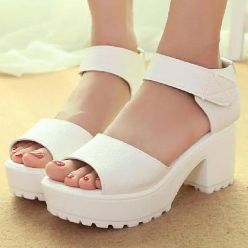 

2018 New Summer Shoes Woman Wedges Platform Sandals Square High Heel White Black Women Fashion Peep Toe Thick Heel Shoes 35-41