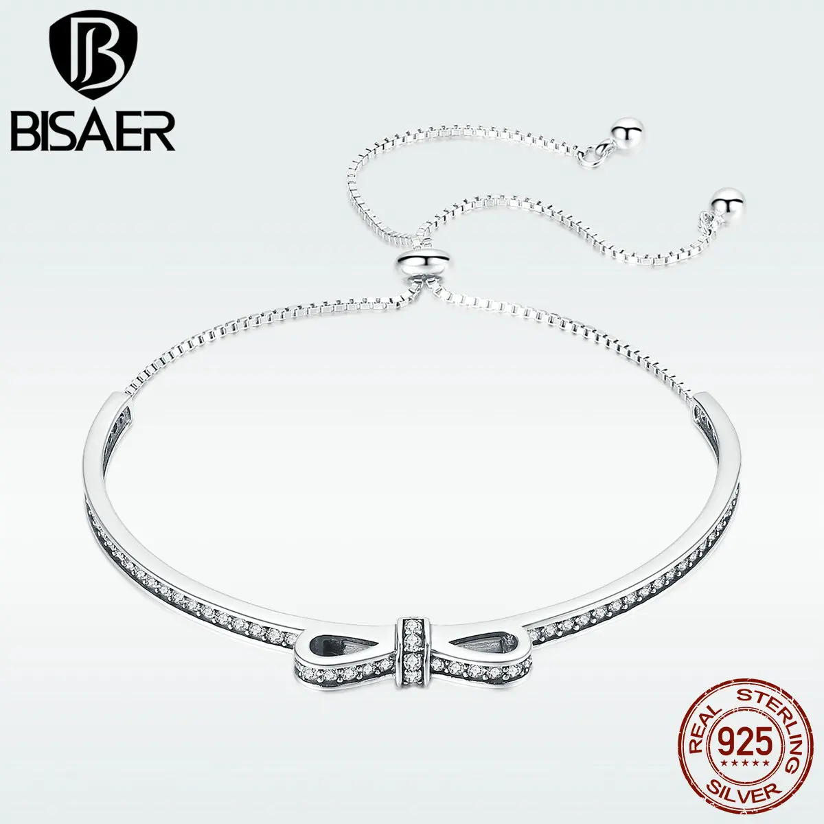 Браслет bisaer& Bangle, подлинный, 925 пробы, серебряный, сверкающий, ослепительный, с бантом, на половину, браслет для женщин, для свиданий, GXB108