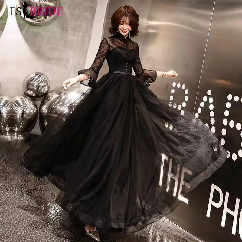 

2019 Vestidos De Fiesta De Noche Black Simple Elegant Evening Dresses A-line Student Party Princess Evening Dress Arabic ES2422