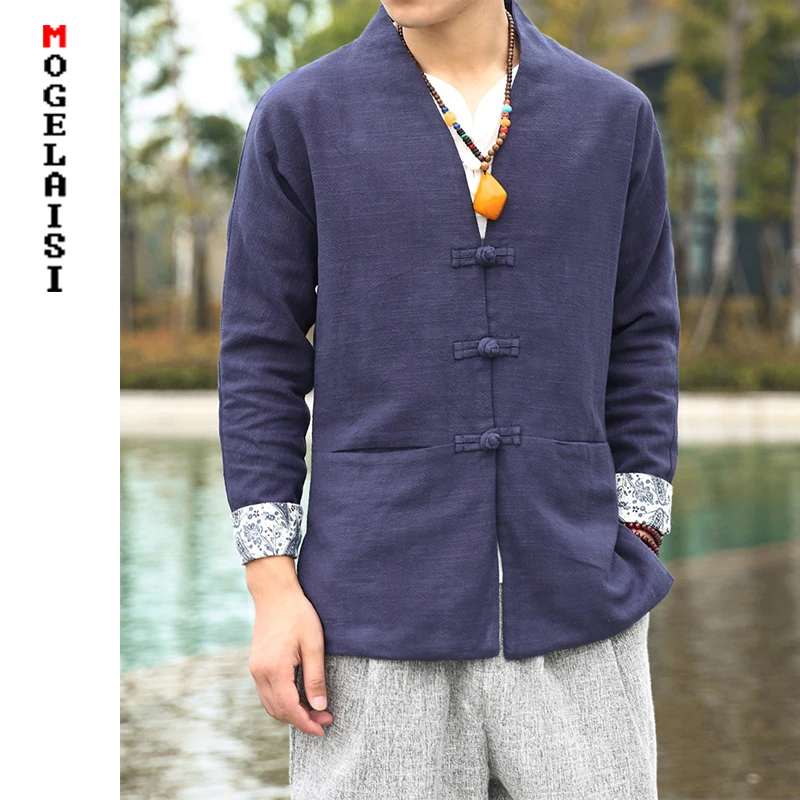 

Plus size 5XL men jacket solid V-neck Autumn linen cotton jackets Chinese button outdoor coats jaqueta masculino QT3023-7002