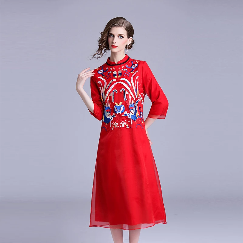 Cheongsam Вышивка женское платье элегантный осень-зима воротник-стойка китайский Стиль платья Женский красные, синие