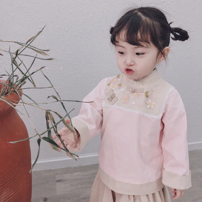 2019 длинное платье с цветочной вышивкой для маленьких девочек простой китайский Танг Hanfu детский традиционный старинный народный костюм