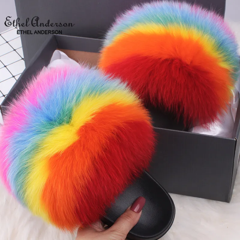 Ethel Anderson Women's Furry Slippers Popular Real Fox Hair Casual Slides Plus Fur Summer Sandals