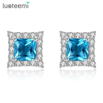 

LUOTEEMI Square Elegant 925 Sterling Silver Stud Earrings for Women Wedding Party Paved CZ Blue Jewelry Oorbellen Christmas Gift
