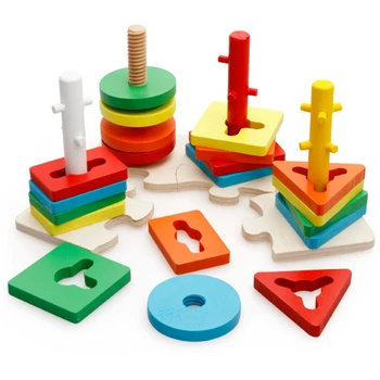 

Surwish Wooden Building Blocks Matching Set Four Column Shape Geometry Stacker Sorting Toys for Children