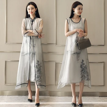 

Spring and Summer Women's tang suit ancient pattern Elegant long gown Chinese Style Retro Improved ink Color Casual Cheongsams