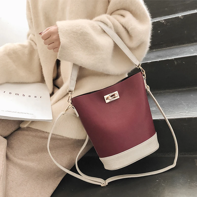 

Ladies Vintage Bucket Bag High Quality Leather Handbags purses and handbags Fashion Stitching Ladies Bags women messenger bags