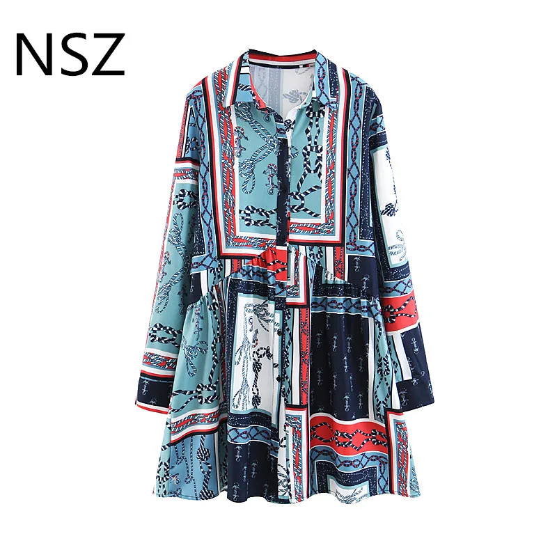 NSZ Women Chain Print Mini Pleated Dress Long Sleeve Turn Down Button Casual Loose Short | Женская одежда