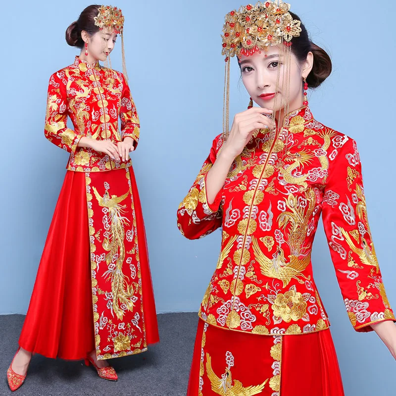 

Red Ancient Bride Dress Vintage Embroidery Lady Qipao Dragon&Phoenox Traditional Chinese Style Royal Marriage Cheongsam Suit