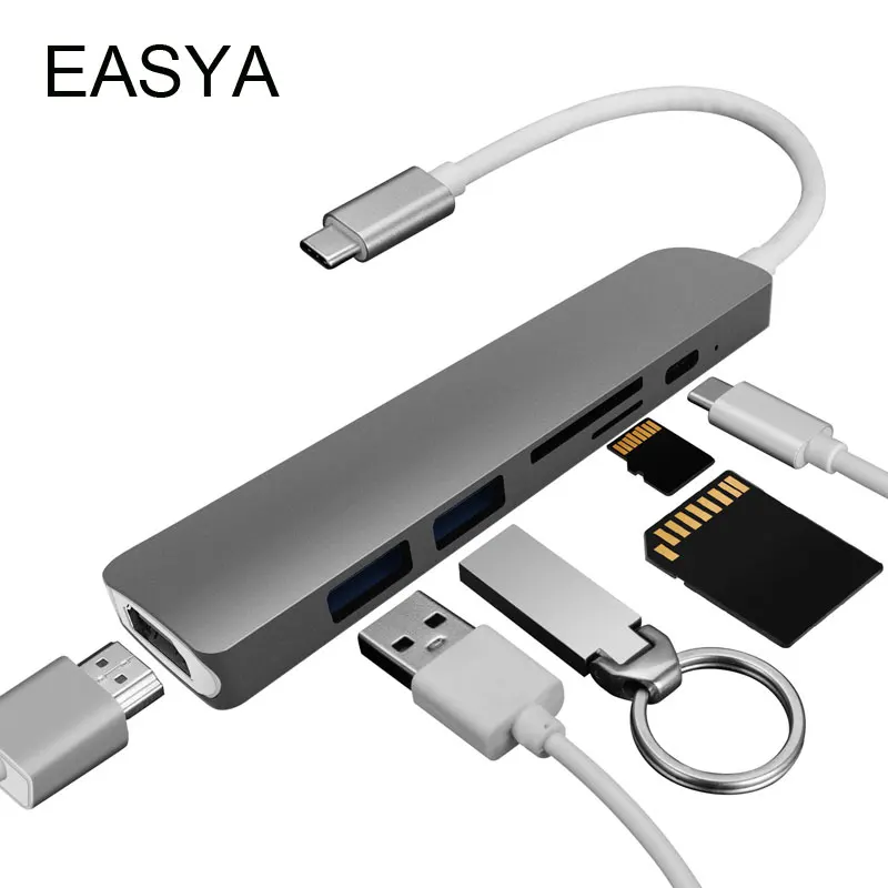 

EASYA 6-in-1 USB C Hub to HDMI Thunderbolt 3 Adapter with Power Delivery SD/TF Card Reader USB 3.0 HUB for MacBook Pro Type-C