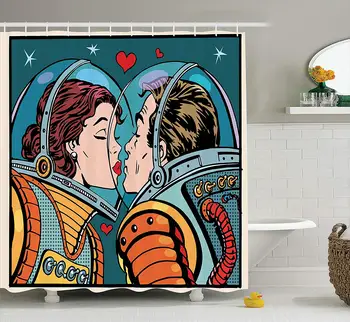 

Funny Shower Curtain Love Space Man Woman Valentines Kissing Science Couple Pop Art Design Print Bathroom Shower Curtain Set