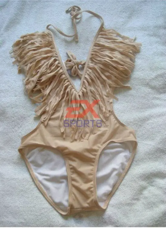 Set of Push-up Padded V-neck Fringe Piece Swimsuit Tassel Bikini Conjoined Swimsuit Swimwear (5)