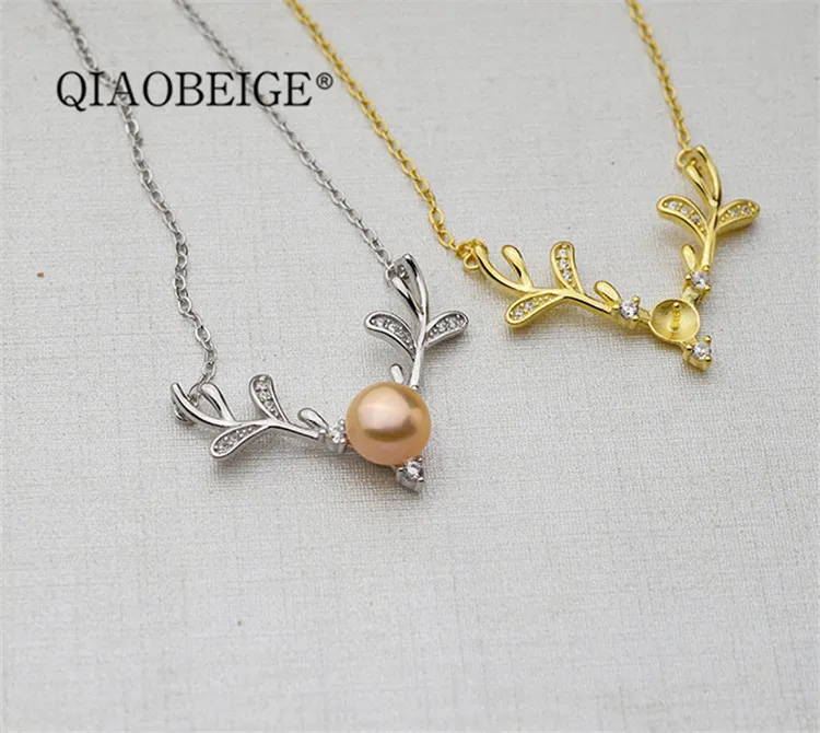 QIAOBEIGE Diy ручной работы s925 silver 7-8 мм Жемчуг полые рога ожерелье «Олень» комплект цепи аксессуары Populary женщины ожерелье