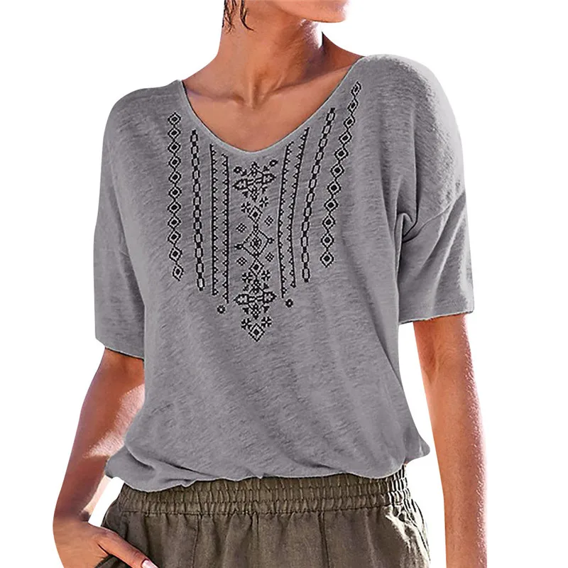 Women's Summer T Shirt Casual V Neck Short Sleeve Print Casual Top Loose White Fashion Cool Soft New 2019 Simple Female Clothes