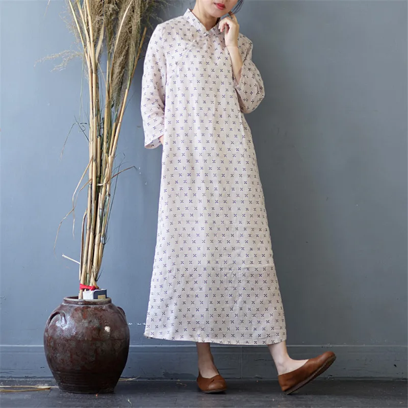 SCUWLINEN Vestidos Для женщин сезон: весна–лето платье Винтаж китайский Стиль Элегантный принт сбоку Разделение линии платье из рами S509