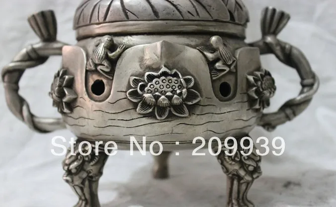 00910 Китайский Народная Культура HandMade Серебряная Бронзовая статуя цветок лотоса Лев Кадило(A0314