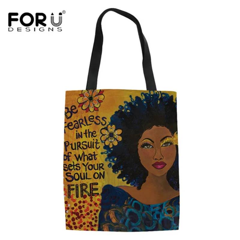 

FORUDESIGNS Art Afro Lady Girls Printing Canvas Reusable Shopping Bag Women Foldable Grocery Casual Totes Bags In Stock Sale