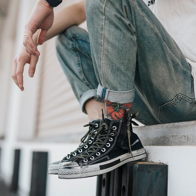 Кроссовки на молнии осень короткие мужская обувь дизайнер высокие черные 2018 кружево до Винтаж Дешевые Парусиновые ботинки круглый носок