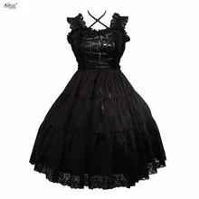 Девушки платье лолиты, в готическом стиле, модная Стиль с текстильной отделкой из хлопка; черные без рукавов на бретельках, костюмированного представления, платье в стиле "Лолита"/Поддержка настройки XS-XXL