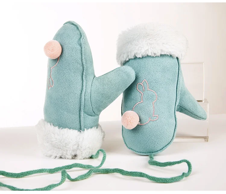 Light Blue Зимние Детские перчатки толстые теплые кролик унисекс замшевые дети полный палец висит шеи теплые варежки высокое качество подарок на год - Цвет: Light Blue
