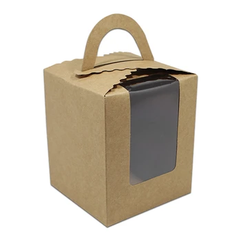 

150Pcs/lot 9.5*9.5*11cm Handle Kraft Paper Cake Packaging Box with Clear Window Carton Paper Party Gifts DIY Crafts Packing Box