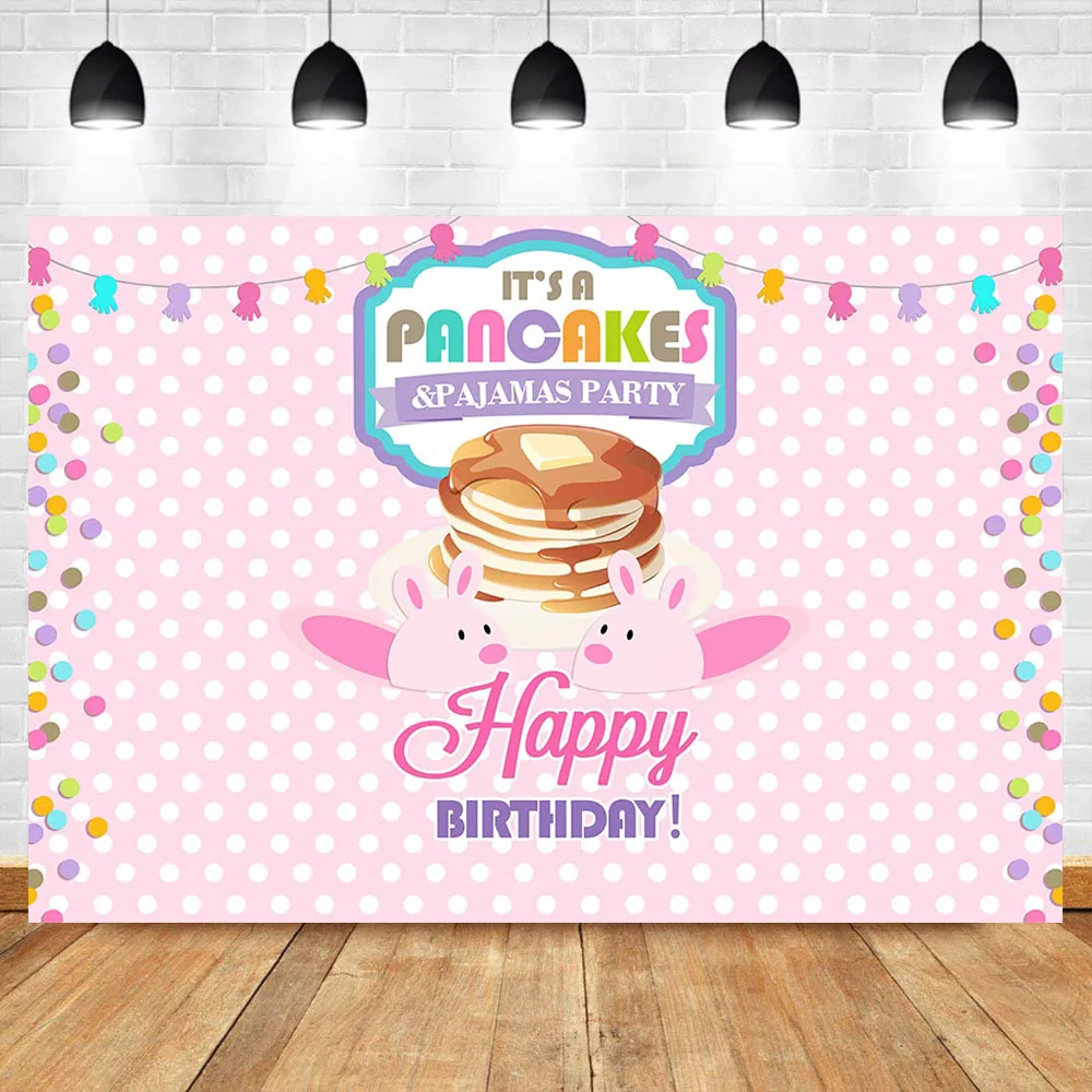 

Pancakes Pajamas Party Backdrop Sleepover Birthday Pajama Party Photography Background Pink and White Colorful Banner Backdrops